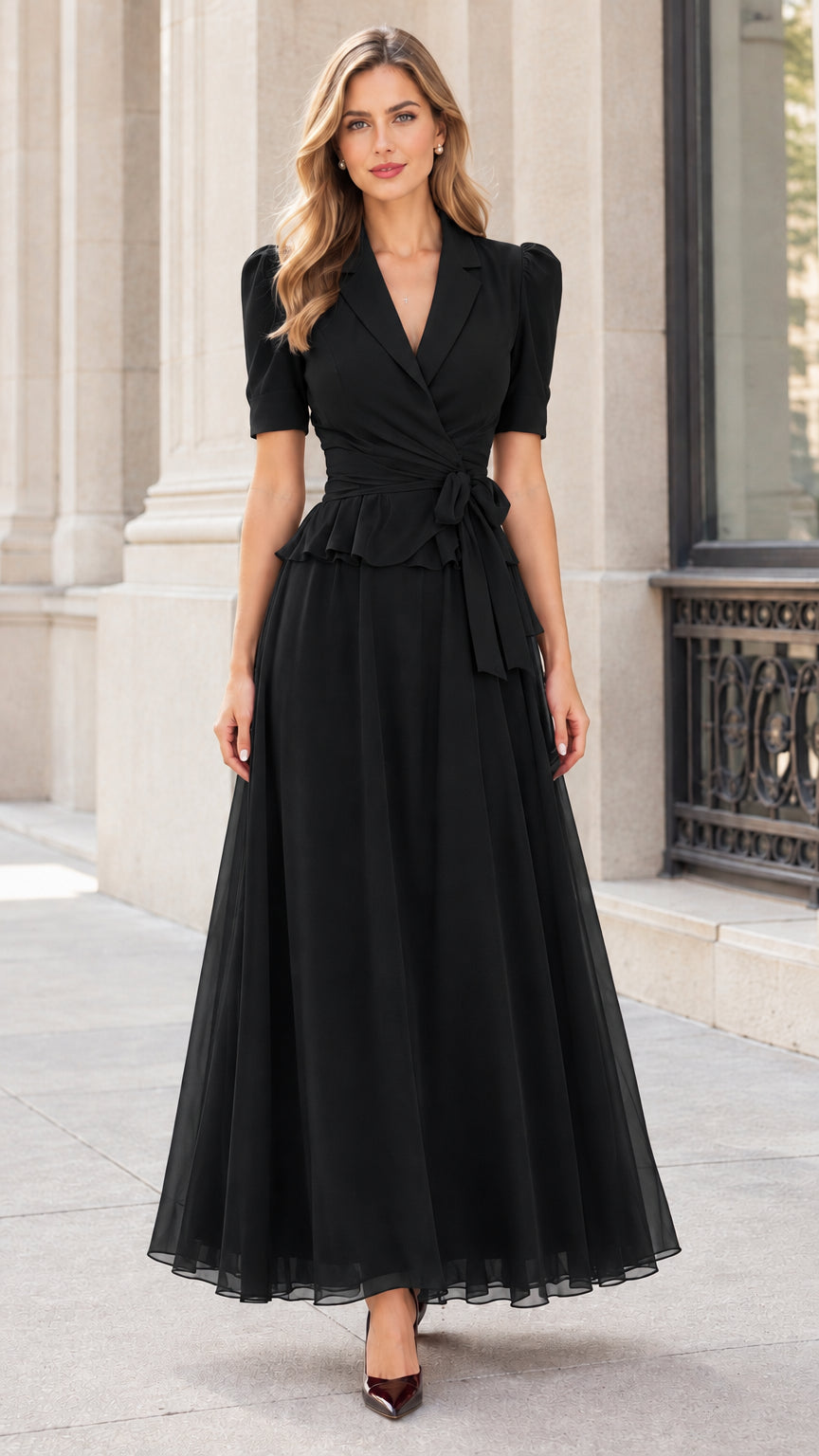 Notched Lapel Wrap Waist Peplum Maxi Dress with Short Sleeves