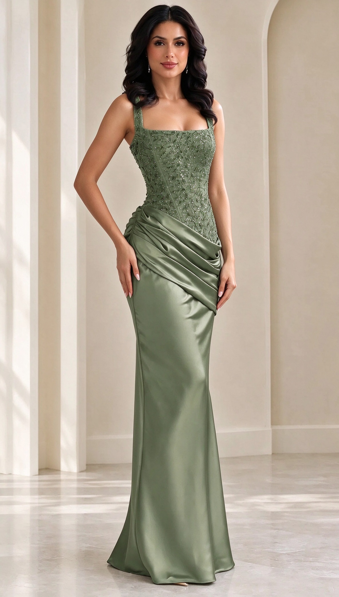 Sequin Corset Bodice Draped Satin Evening Maxi Gown