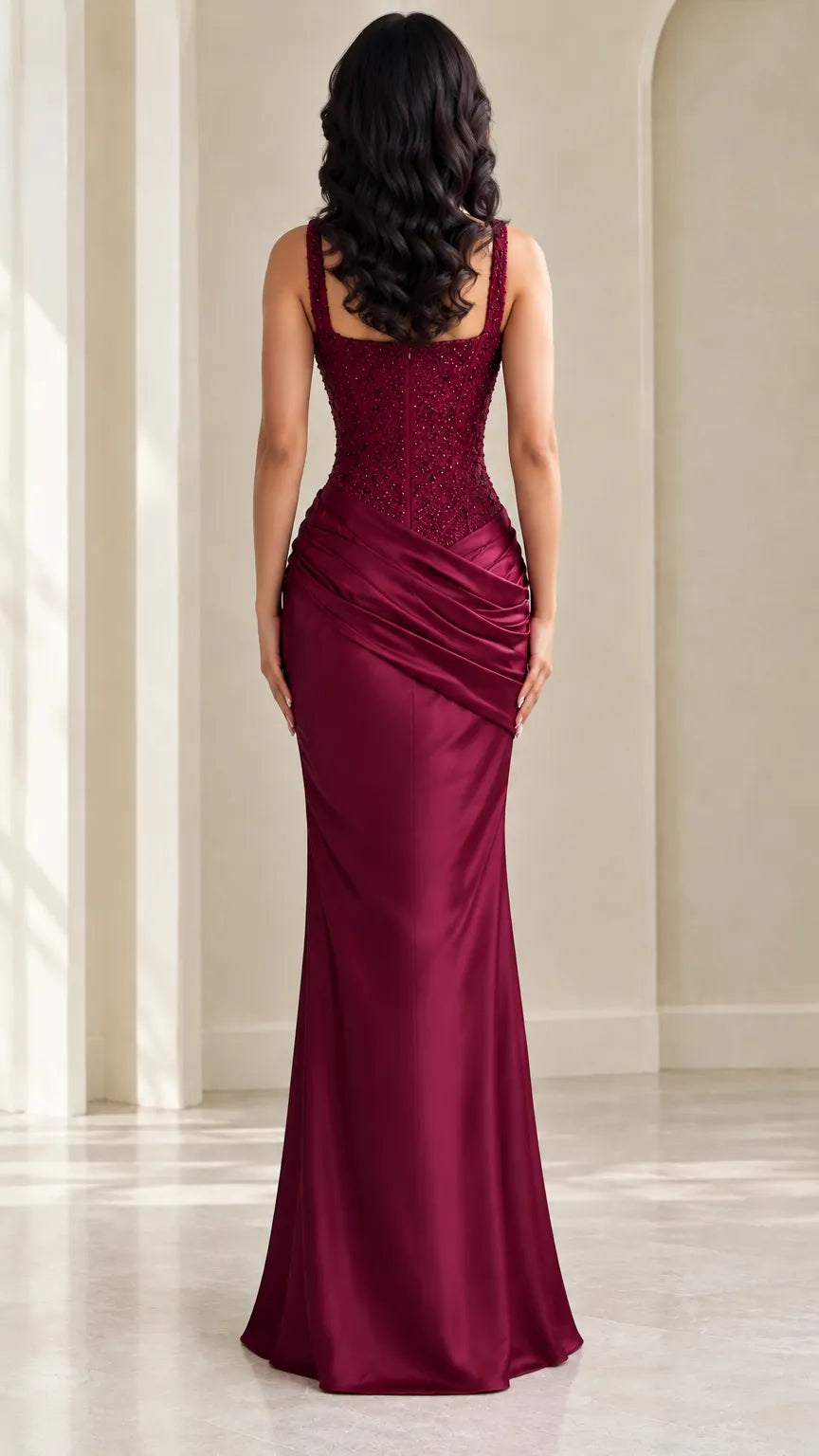 Sequin Corset Bodice Draped Satin Evening Maxi Gown