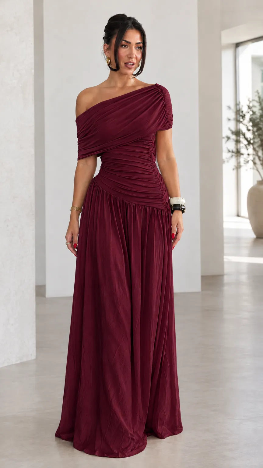 Women's Asymmetrical Draped Ruched Maxi Dress