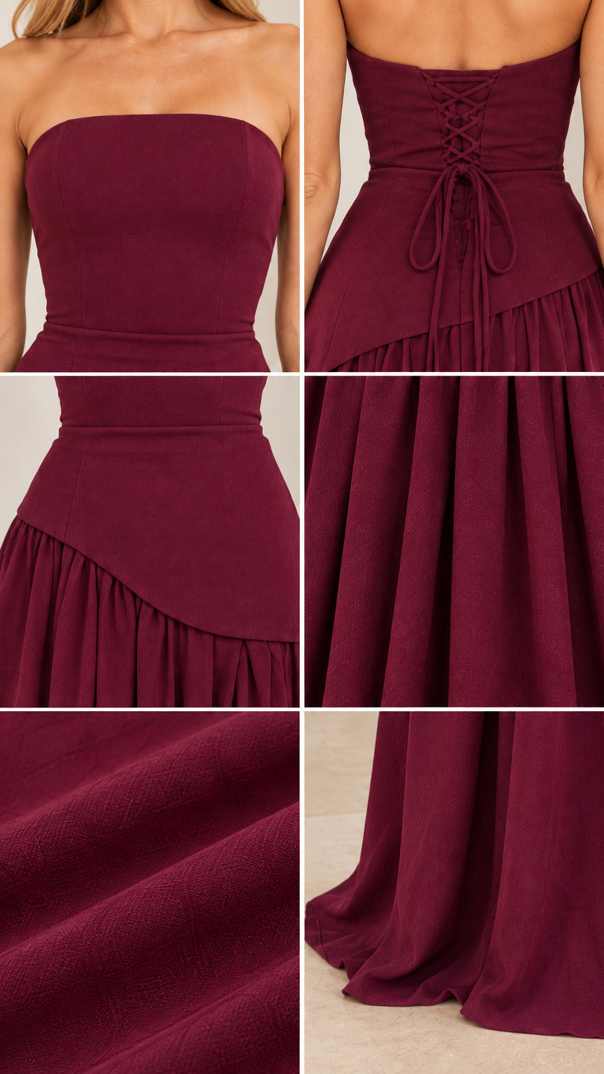 Strapless Asymmetrical Drop-Waist Lace-Up Corset Maxi Gown