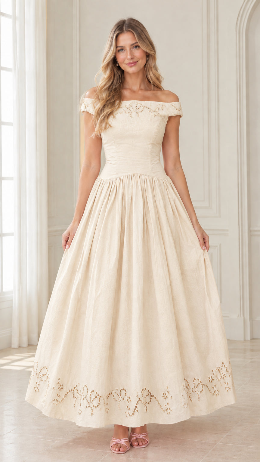 Off-the-Shoulder Eyelet Embroidered Maxi Dress