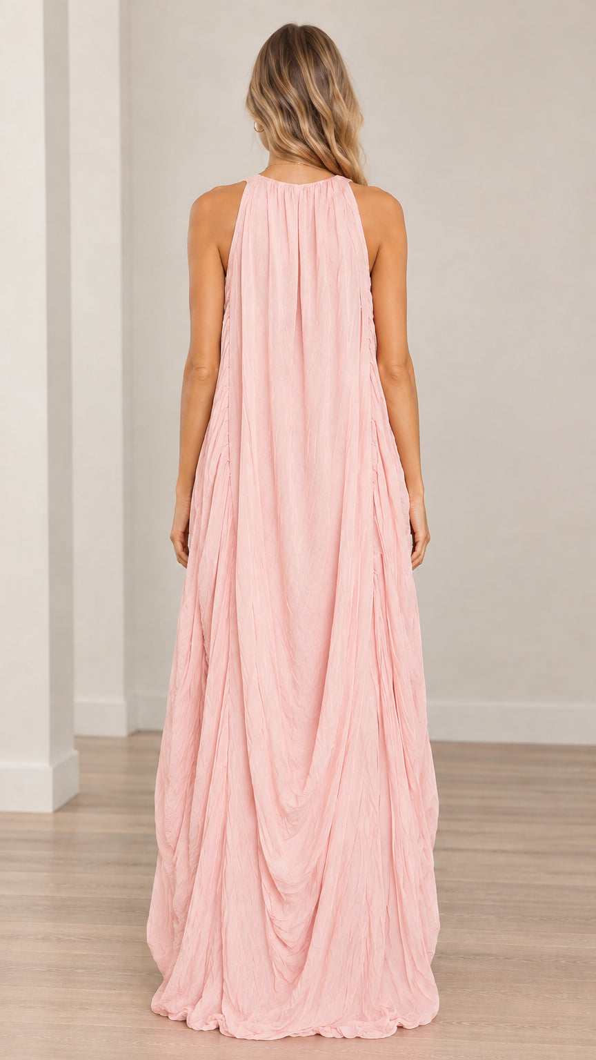 Women's Elegant Draped Crinkle Maxi Dress Sleeveless V-Neck Flowy Long Gown