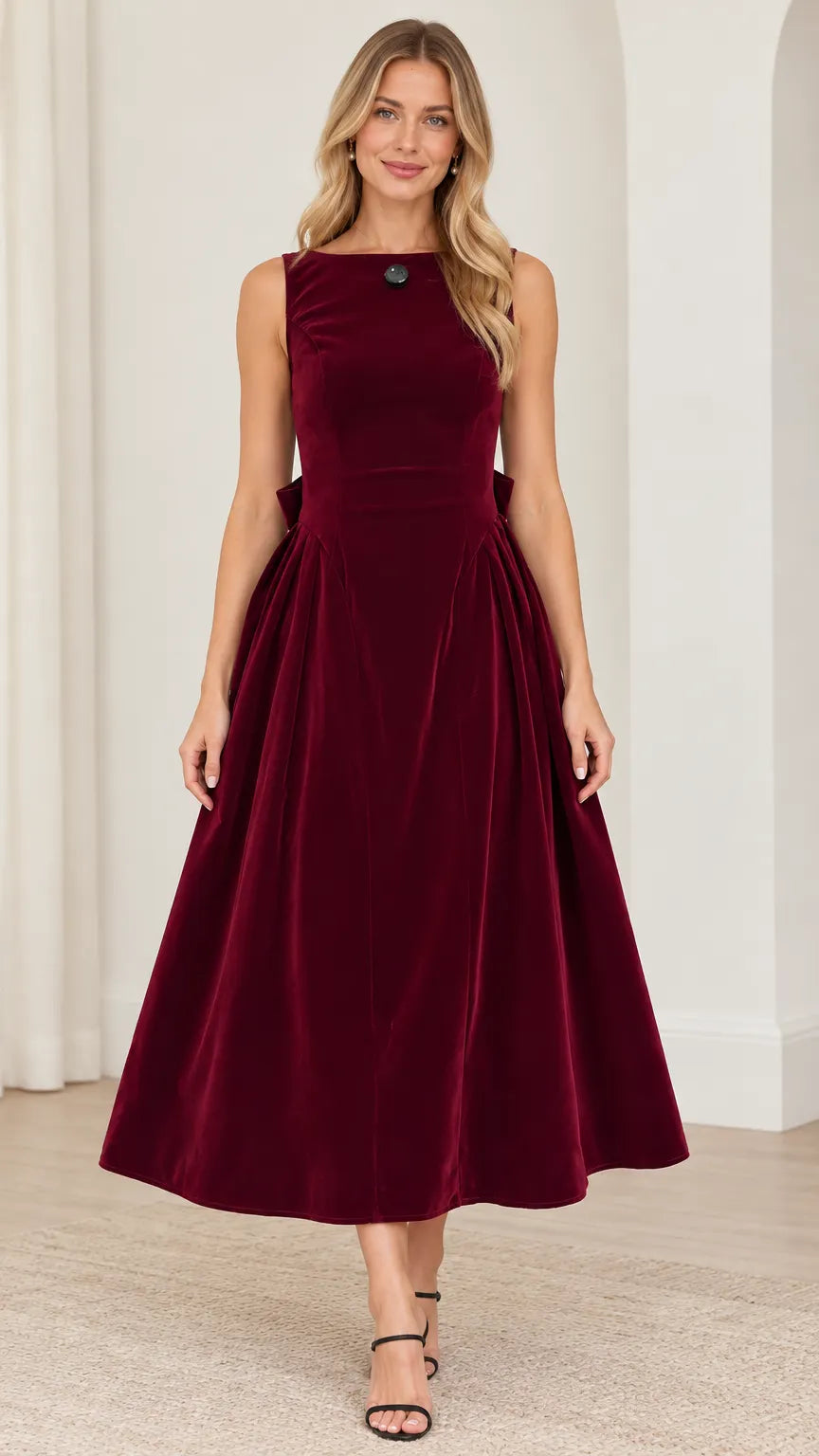 Sleeveless Backless Velvet Midi Dress with Statement Back Bow