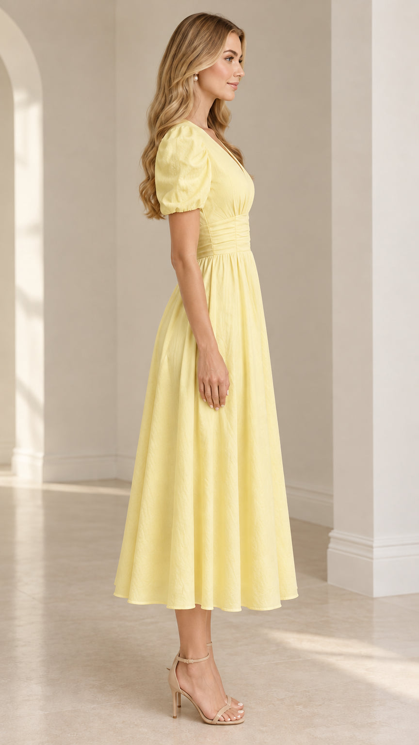 Women's V-Neck Puff Sleeve Ruched Waist A-Line Midi Dress