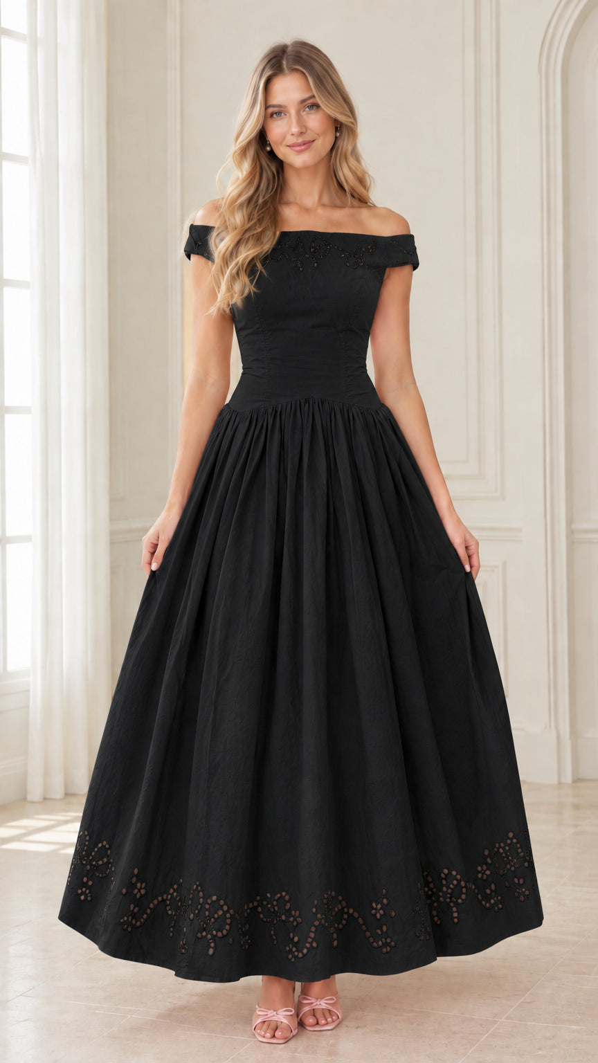 Off-the-Shoulder Eyelet Embroidered Maxi Dress
