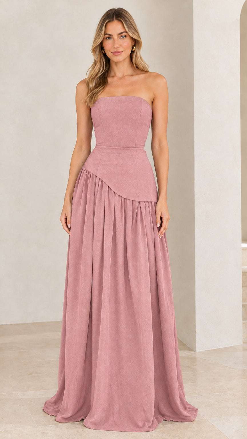 Strapless Asymmetrical Drop-Waist Lace-Up Corset Maxi Gown