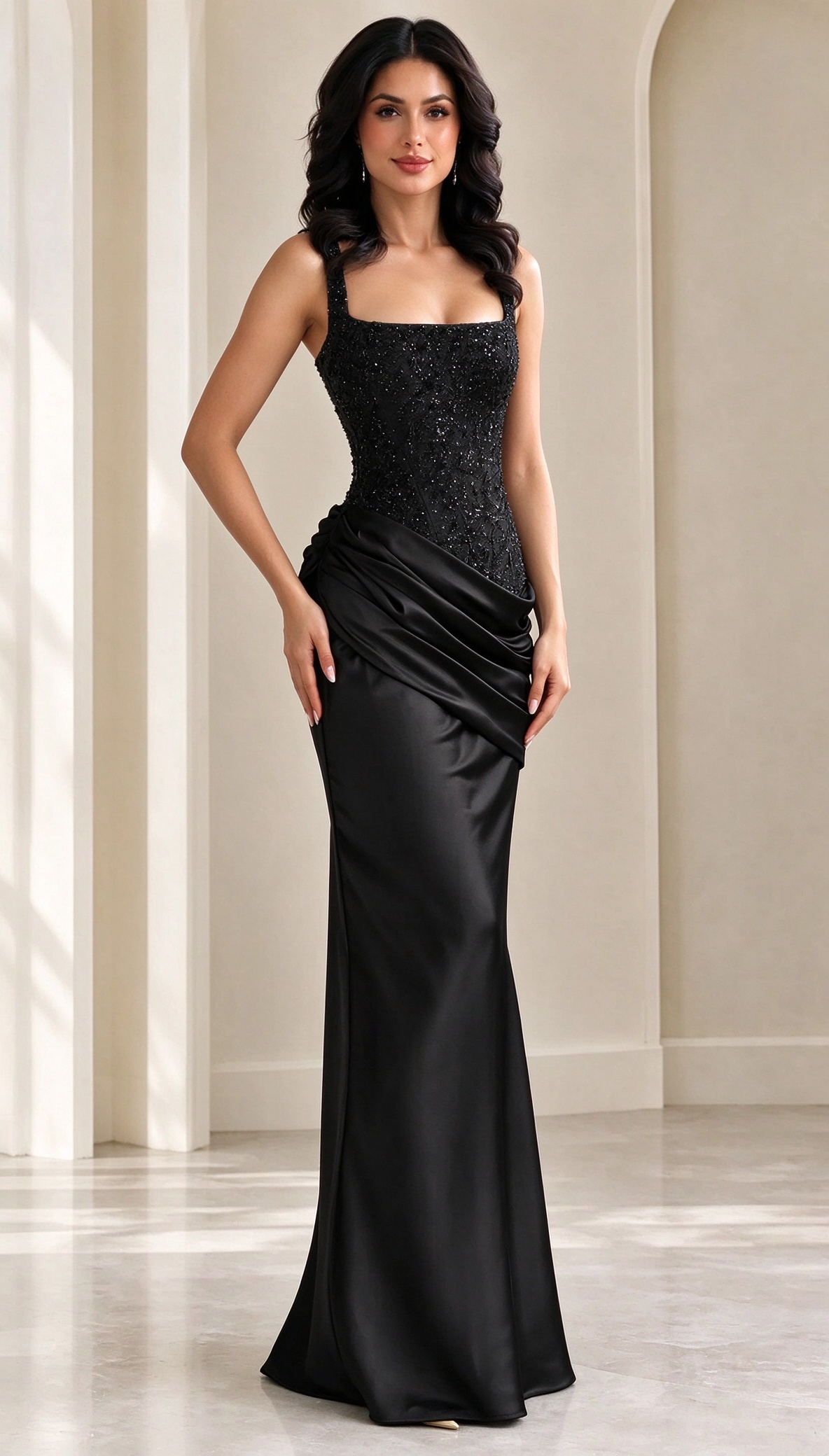 Sequin Corset Bodice Draped Satin Evening Maxi Gown