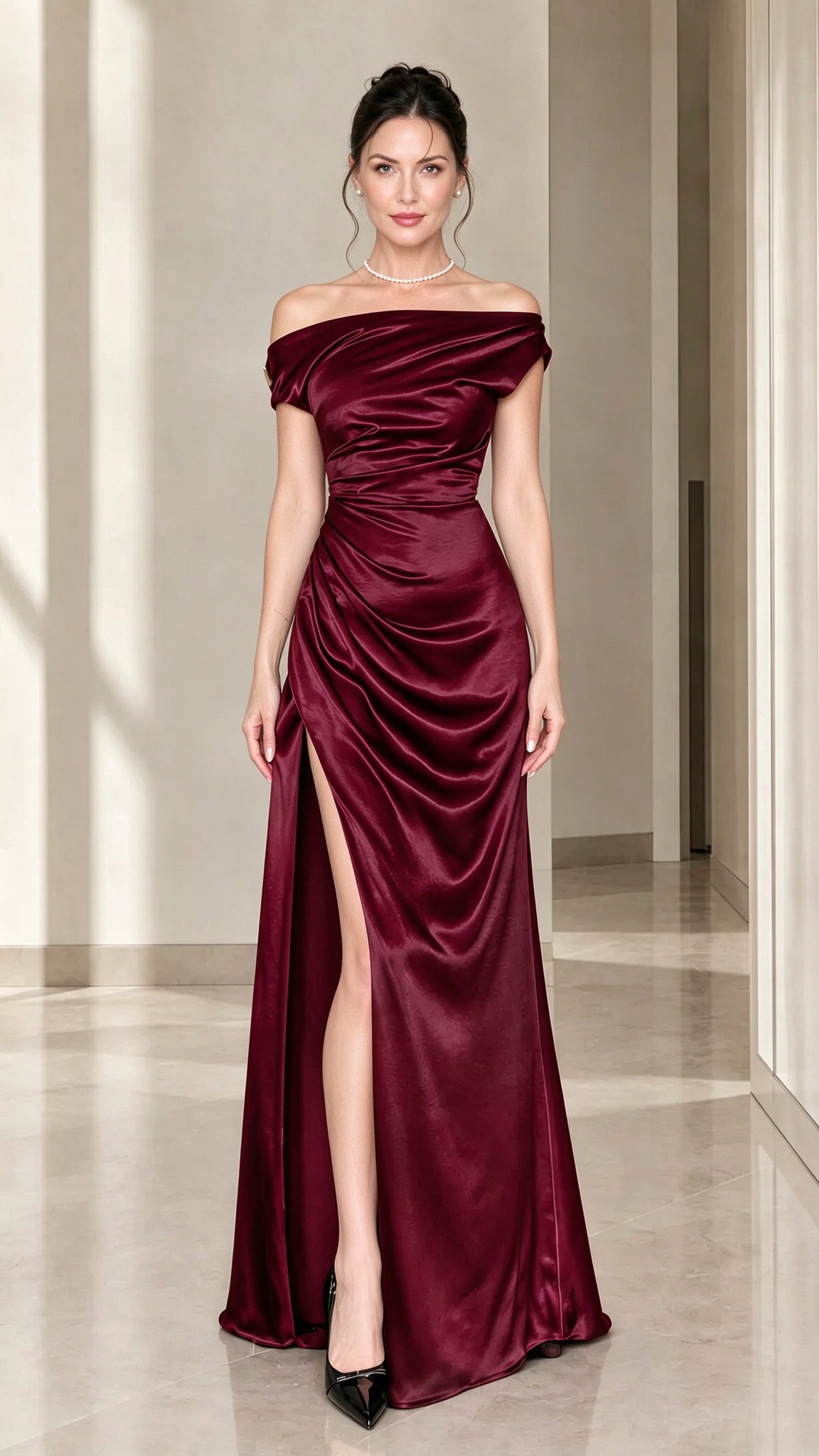 Off-the-Shoulder Ruched Satin Maxi Evening Gown with Slit