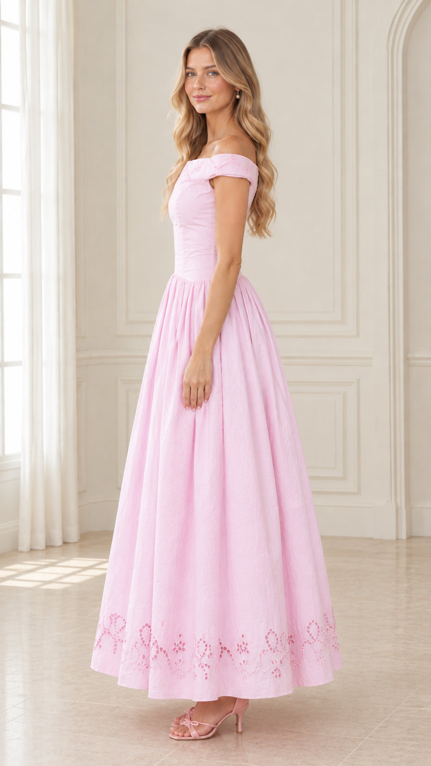 Off-the-Shoulder Eyelet Embroidered Maxi Dress