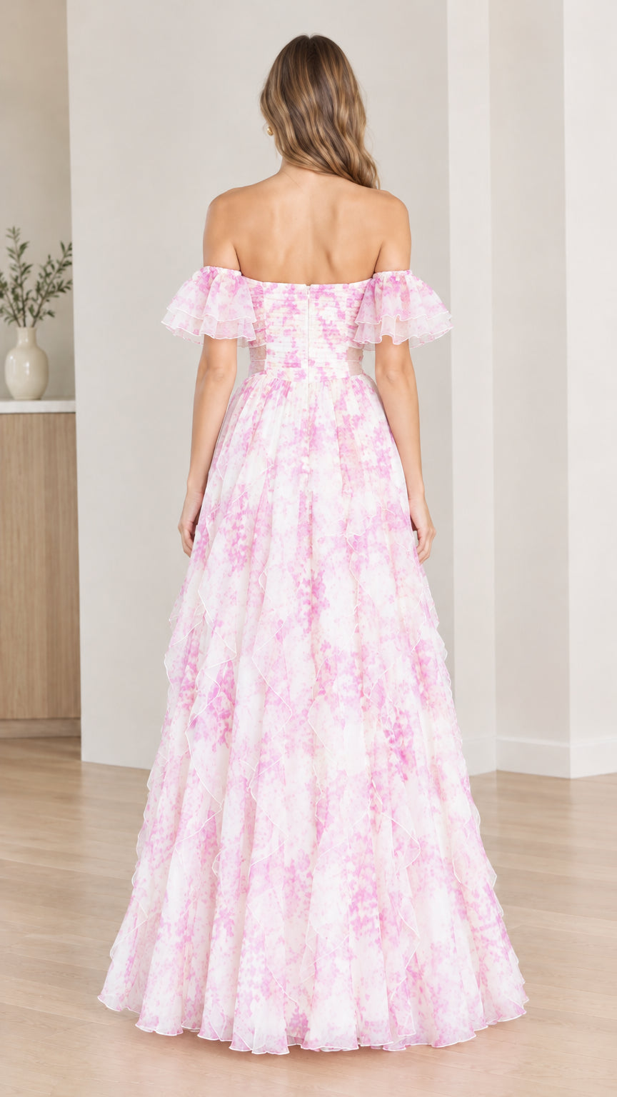Off-the-Shoulder Floral Tiered Ruffle Maxi Evening Dress