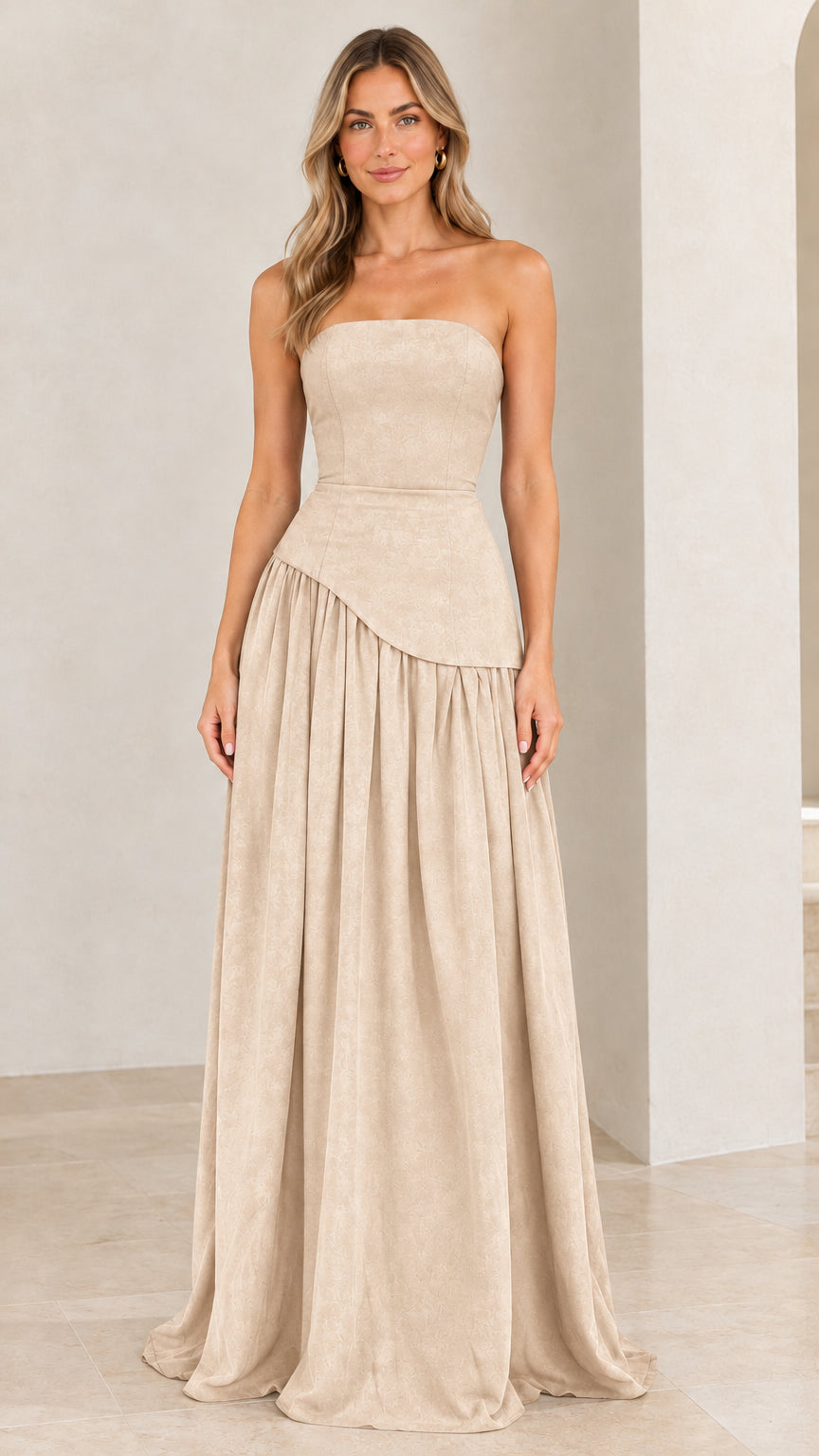 Strapless Asymmetrical Drop-Waist Lace-Up Corset Maxi Gown