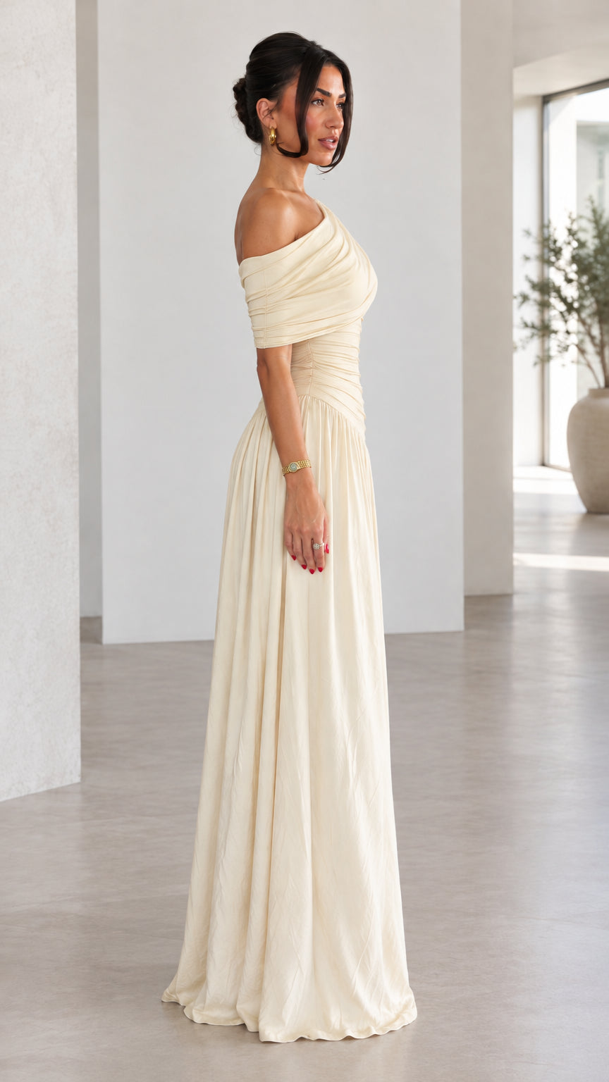 Women's Asymmetrical Draped Ruched Maxi Dress
