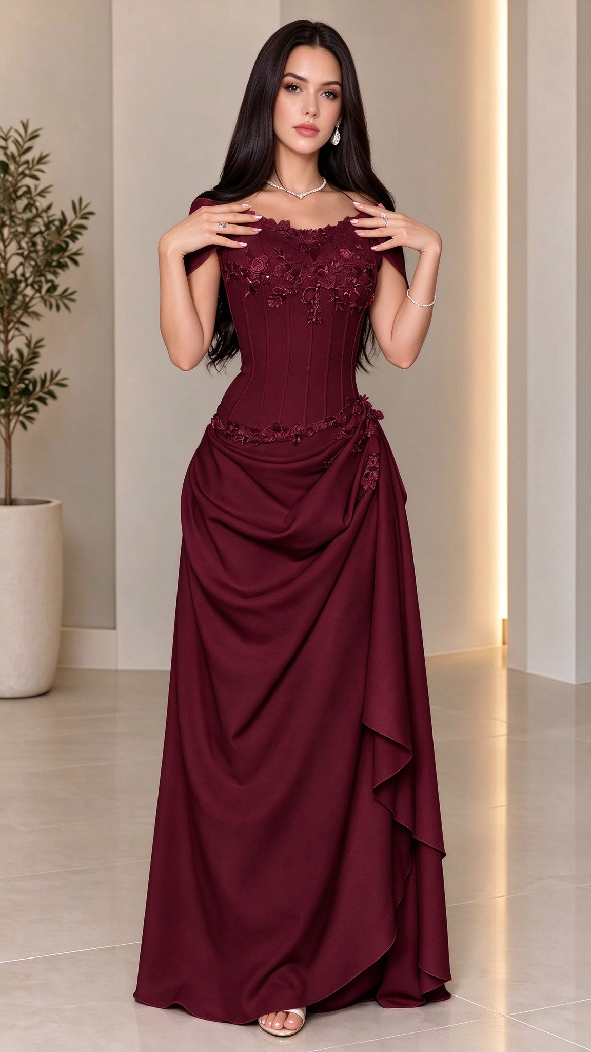 Off-The-Shoulder Embroidered Corset Maxi Dress with Draped Skirt