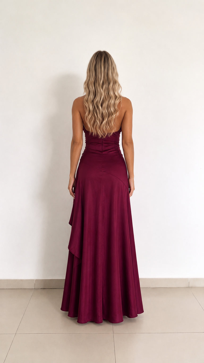 Women's Plunge Halter Ruched Asymmetrical Slit Satin Maxi Evening Gown