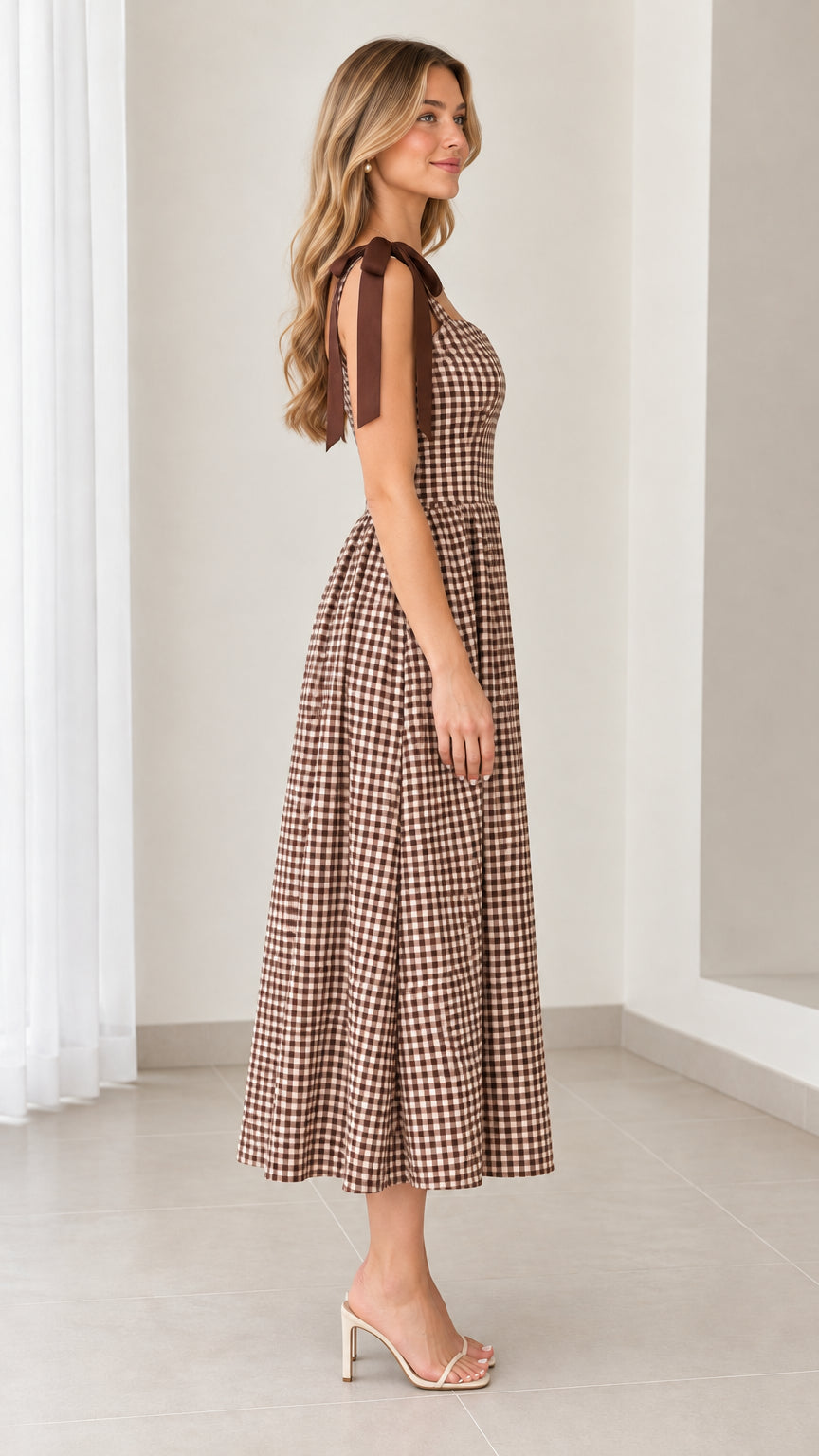 Women's Tie-Shoulder Gingham Midi Dress with Square Neckline and A-Line Skirt