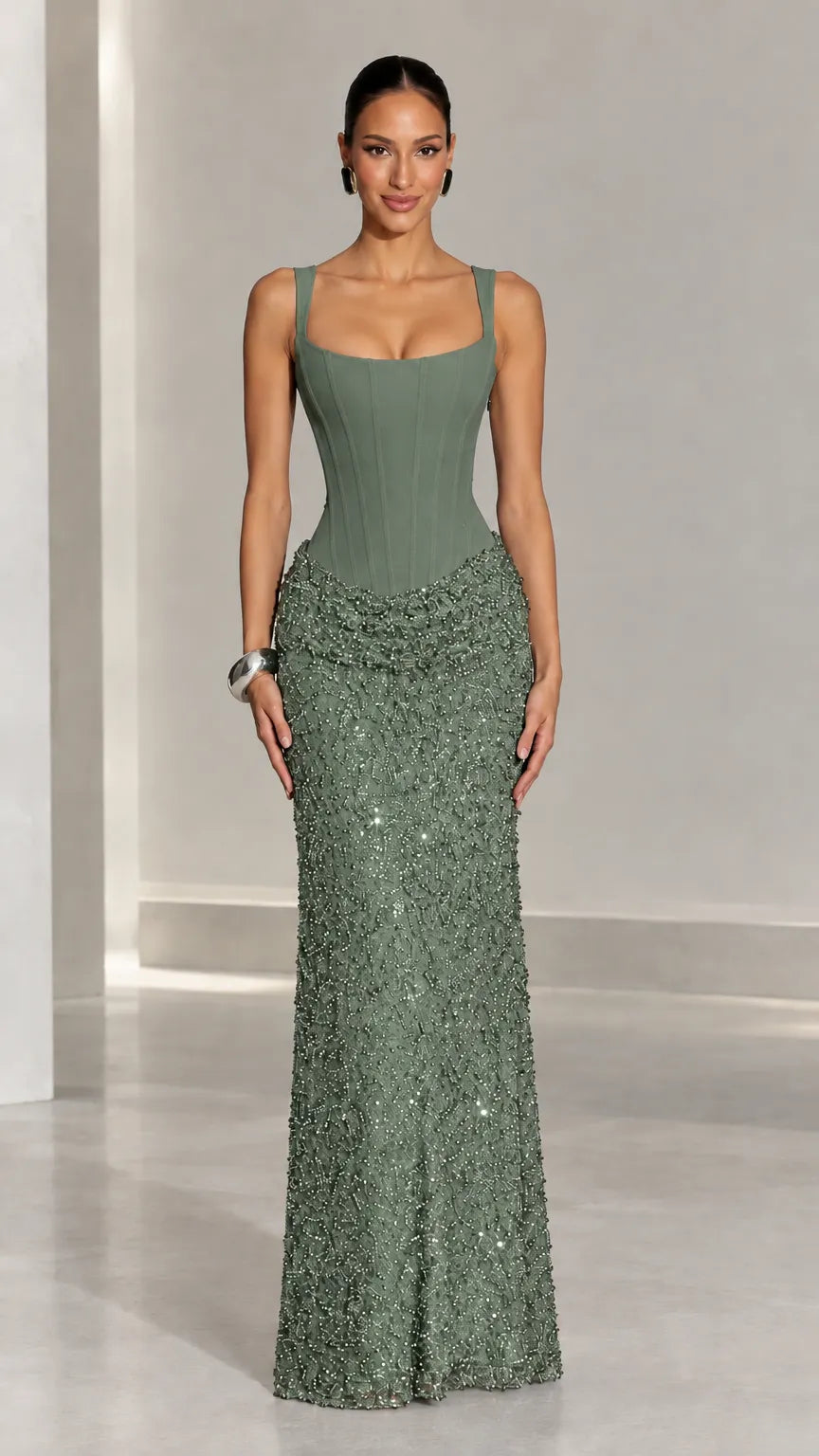 Corset Bodice Sequined Column Evening Gown with Ruched Drop Waist