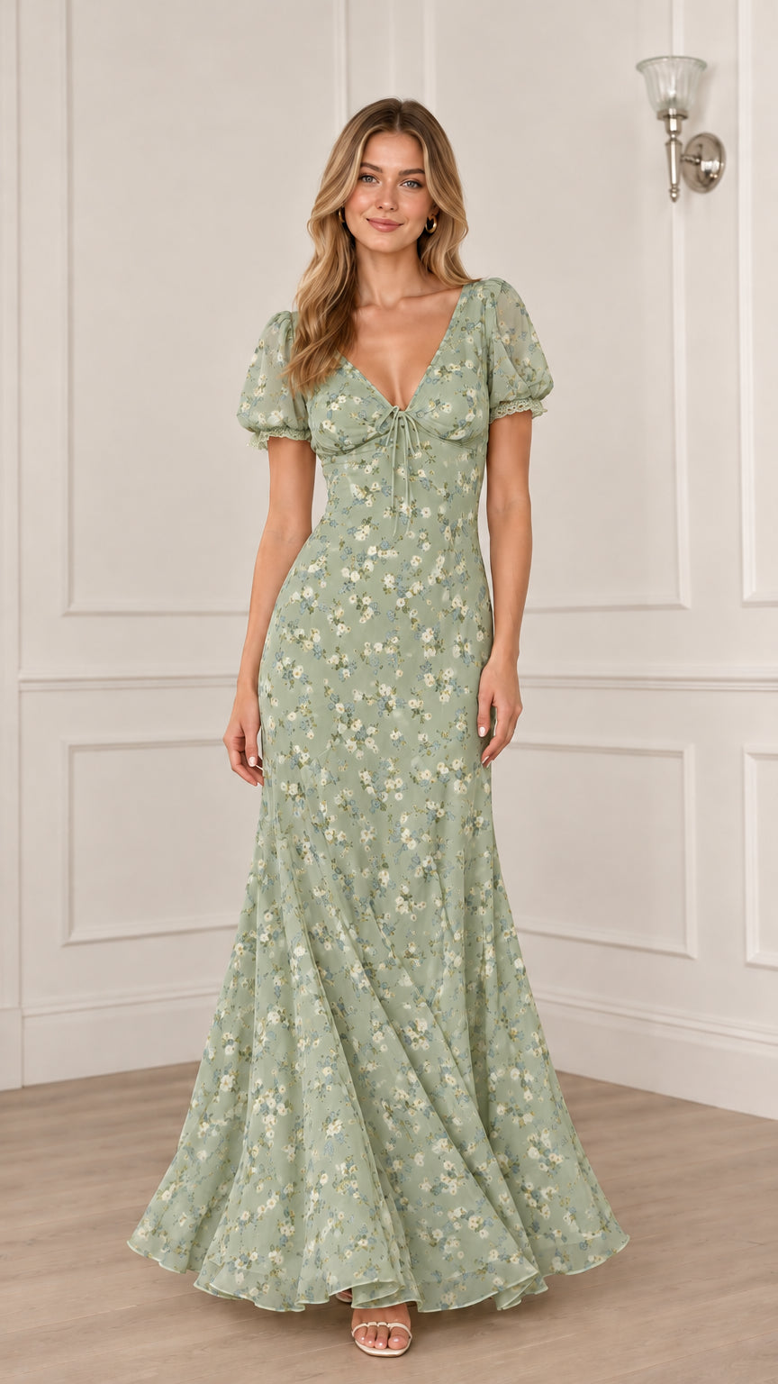Floral Puff Sleeve Mermaid Maxi Dress with V-Neck and Lace Trim