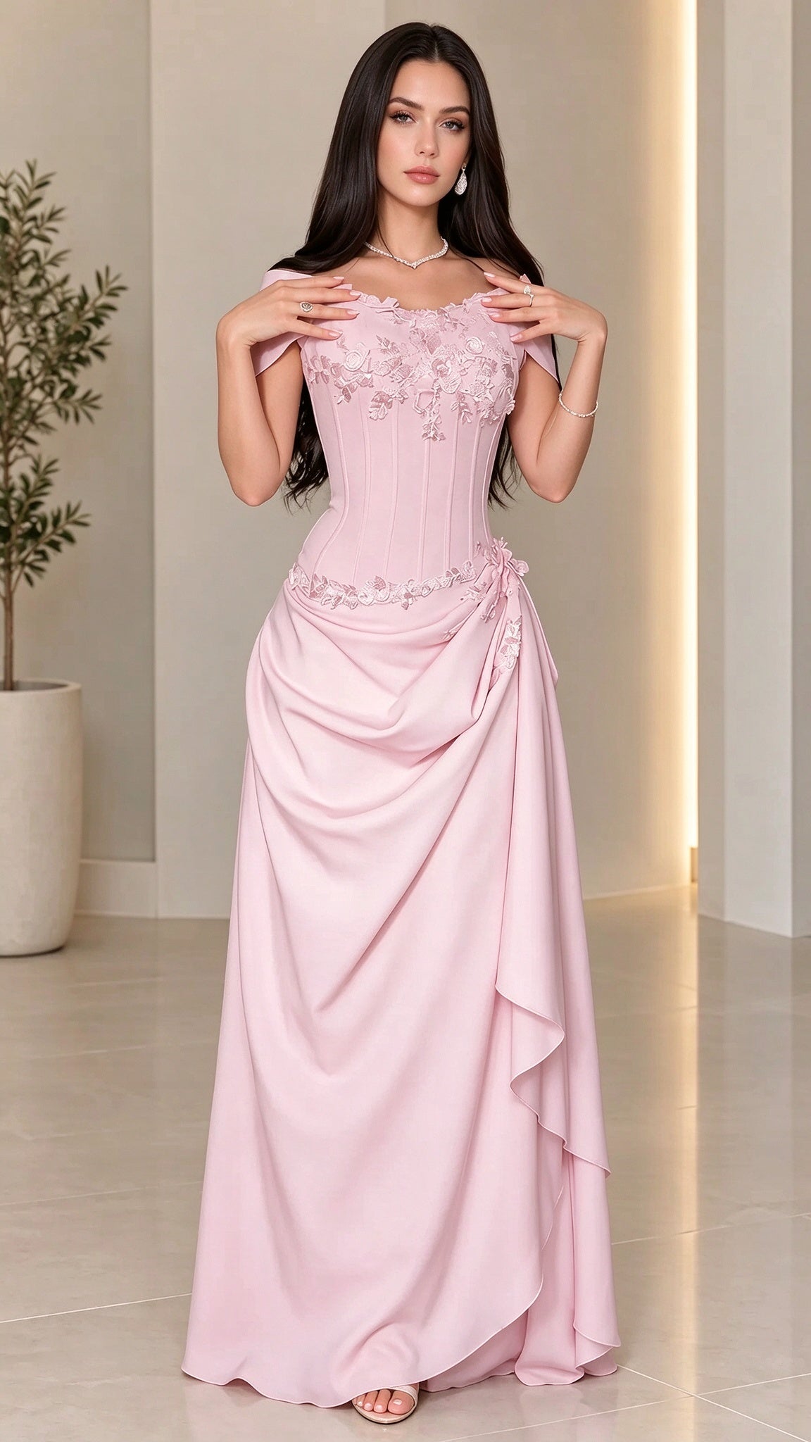 Off-The-Shoulder Embroidered Corset Maxi Dress with Draped Skirt