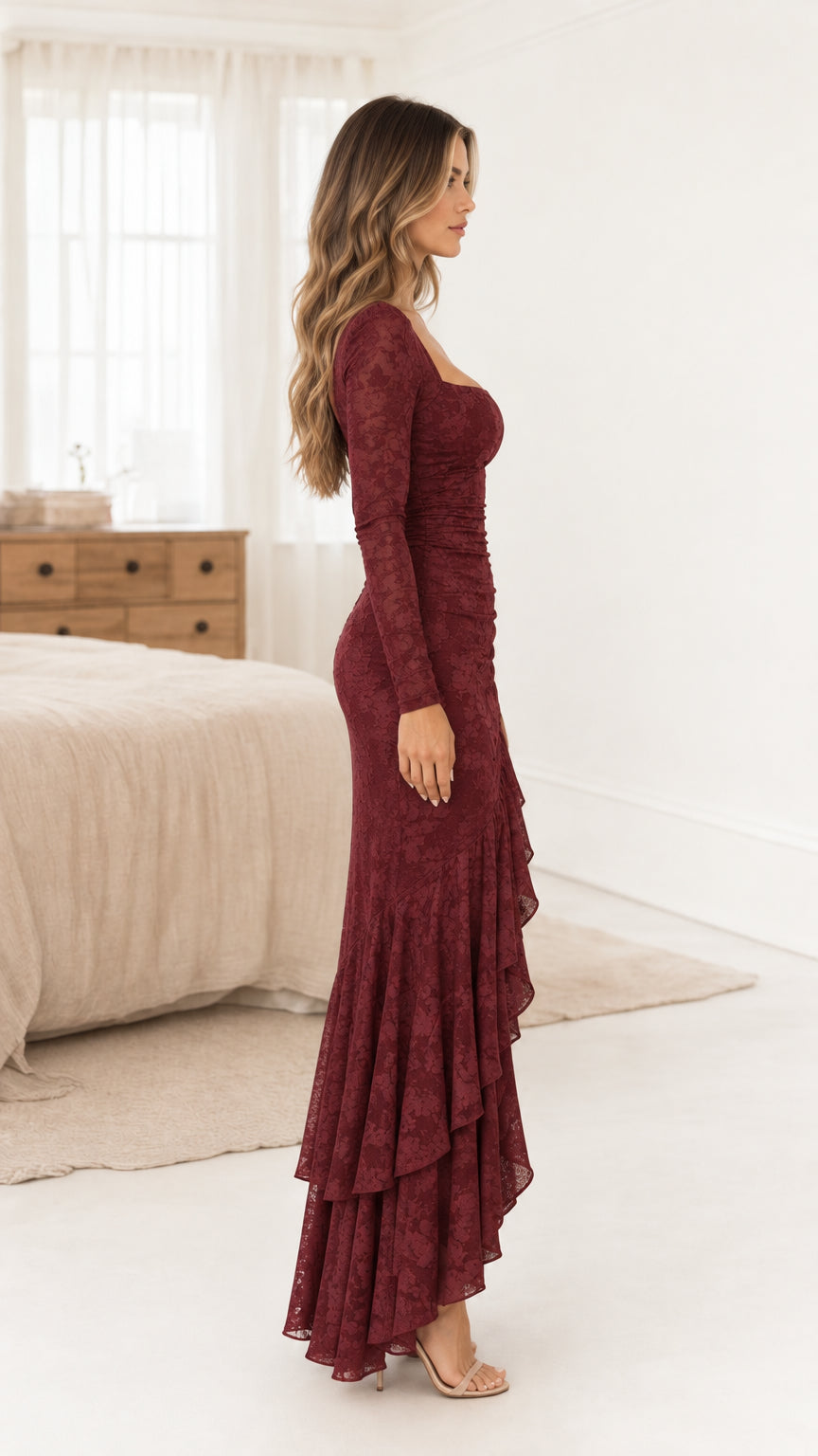 Square Neck Long Sleeve Ruched Floral Lace Maxi Dress with Ruffled Slit