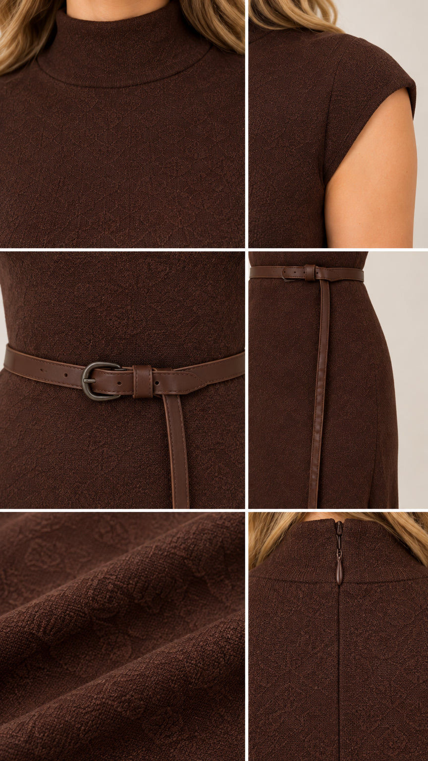 Women's Mock Neck Cap Sleeve Belted Knit Maxi Dress