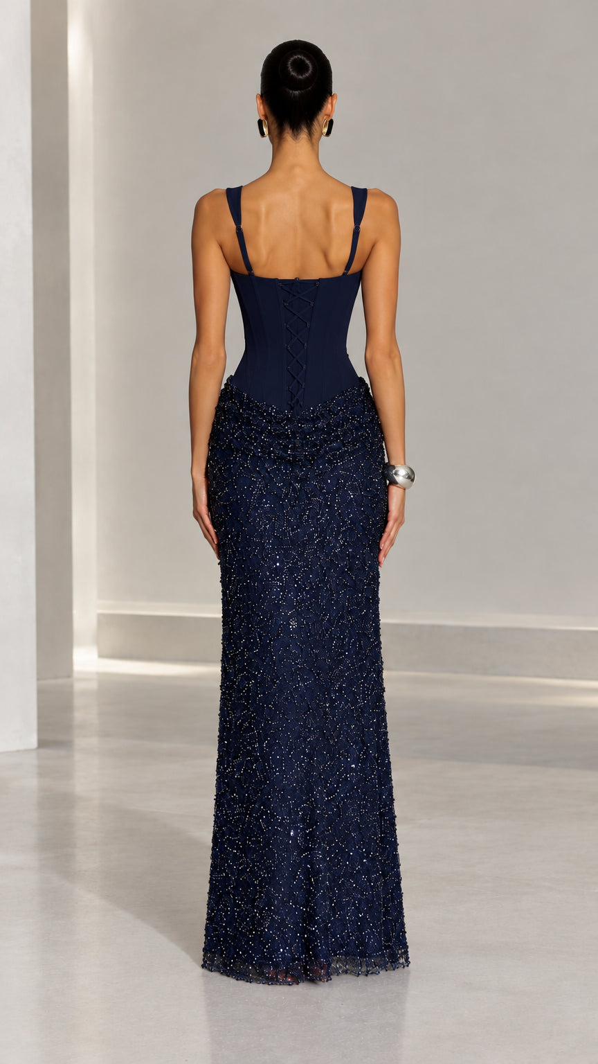 Corset Bodice Sequined Column Evening Gown with Ruched Drop Waist
