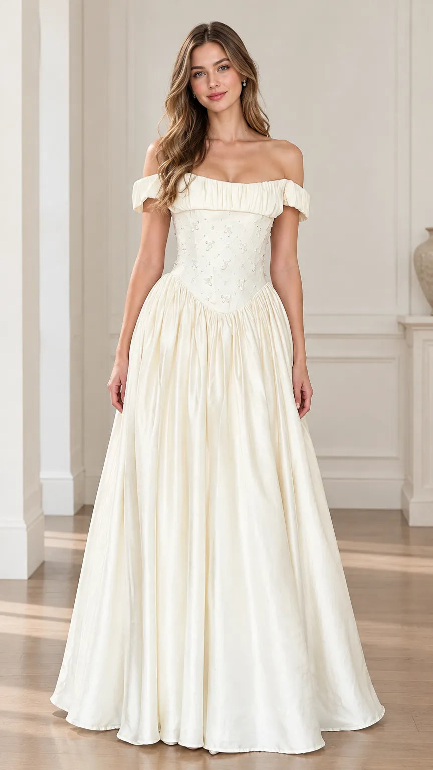 Off-Shoulder Basque Waist Embroidered Ball Gown Evening Maxi Dress