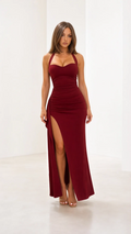 Halter Sweetheart Neck Ruched High Slit Maxi Evening Dress