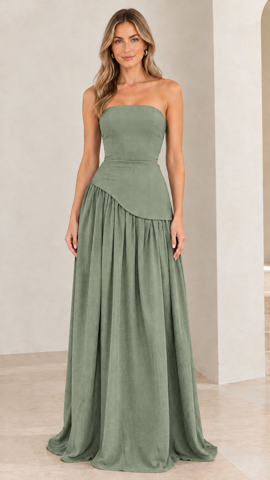 Strapless Asymmetrical Drop-Waist Lace-Up Corset Maxi Gown
