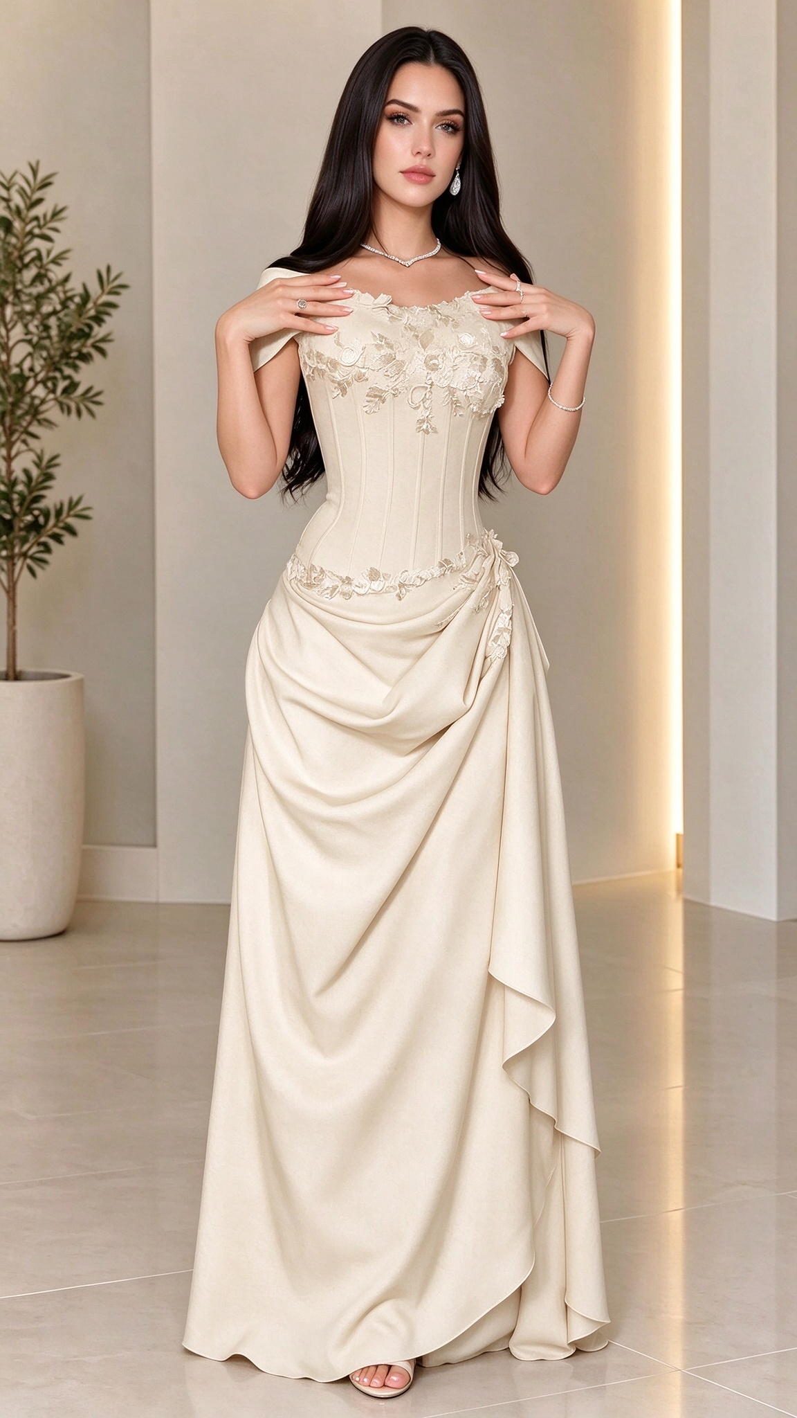 Off-The-Shoulder Embroidered Corset Maxi Dress with Draped Skirt