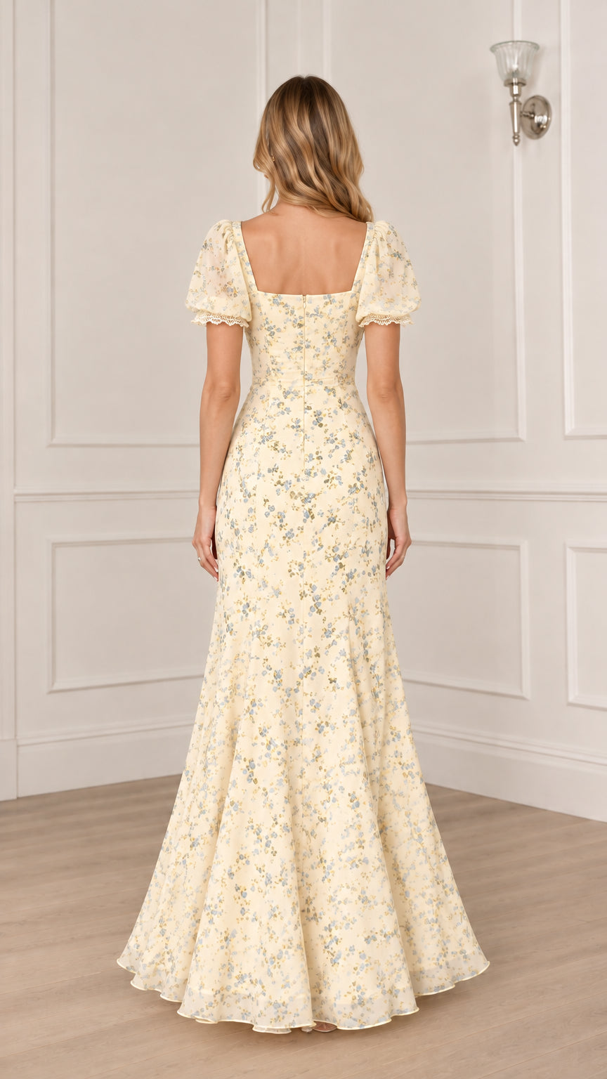 Floral Puff Sleeve Mermaid Maxi Dress with V-Neck and Lace Trim