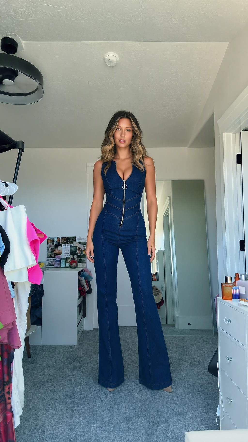 Sleeveless Zip-Front Flared Denim-Style Jumpsuit