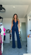 Sleeveless Zip-Front Flared Denim-Style Jumpsuit