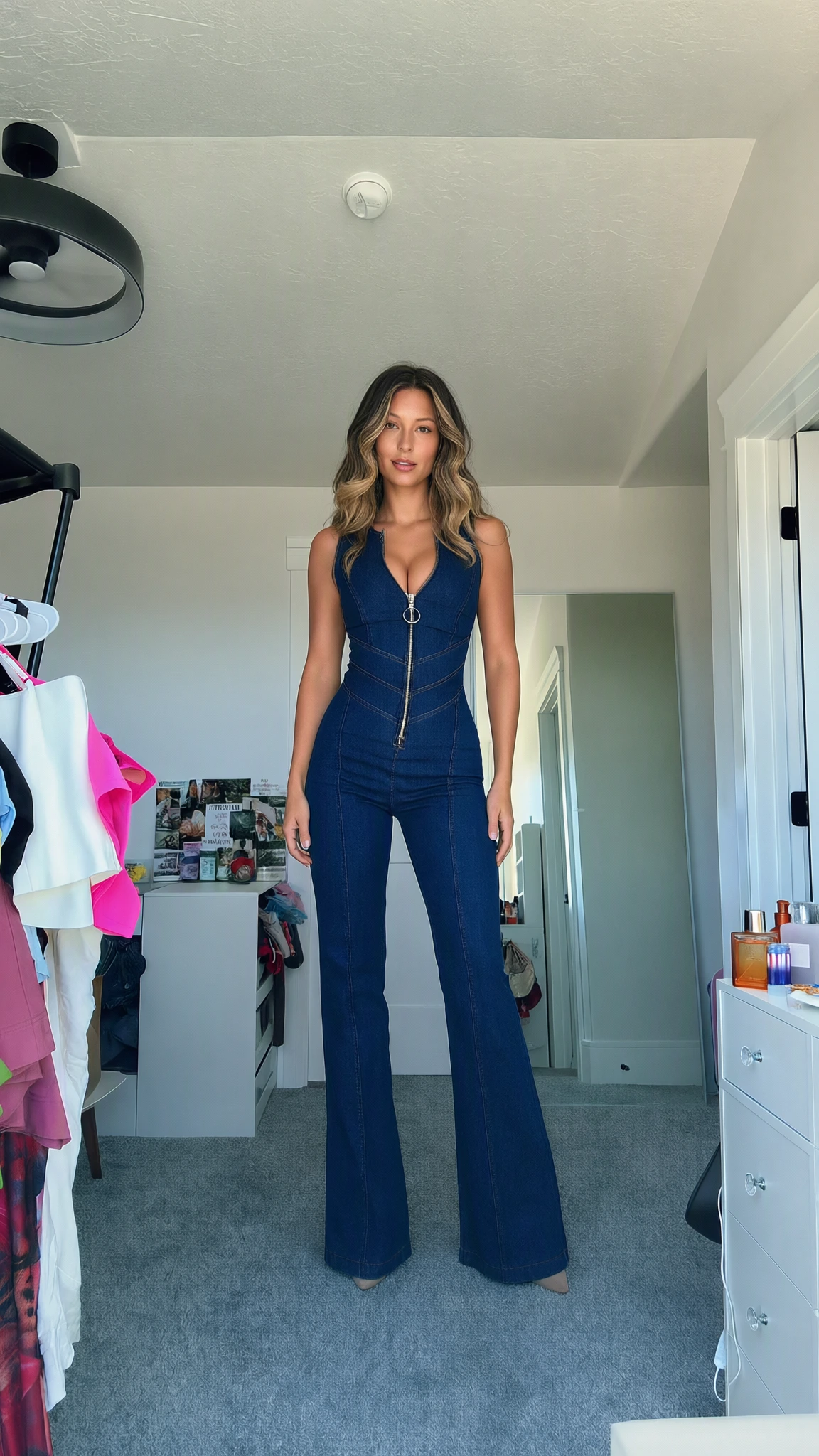 Sleeveless Zip-Front Flared Denim-Style Jumpsuit