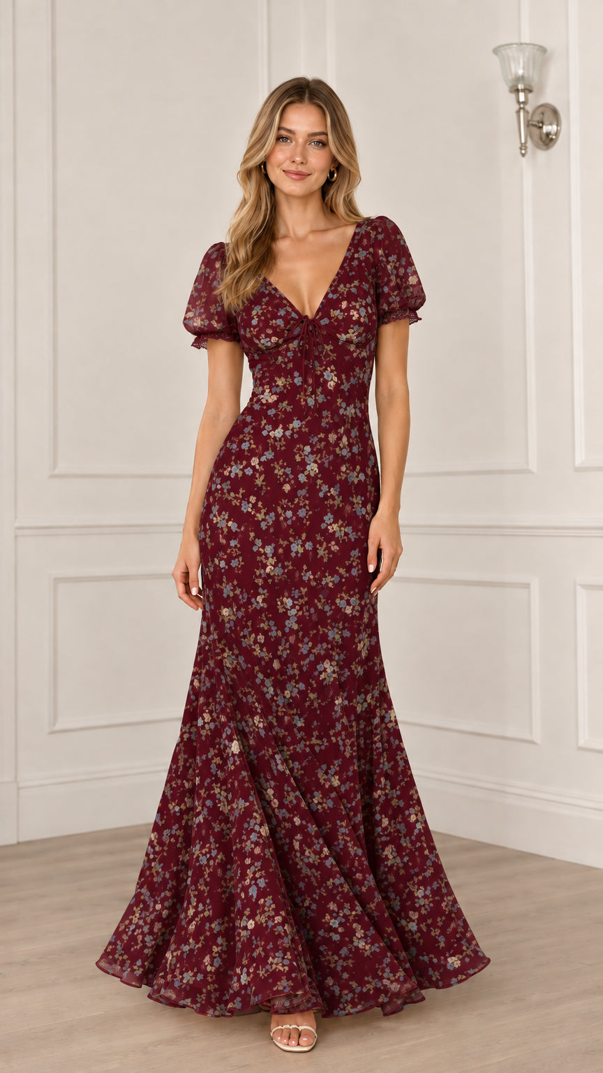 Floral Puff Sleeve Mermaid Maxi Dress with V-Neck and Lace Trim