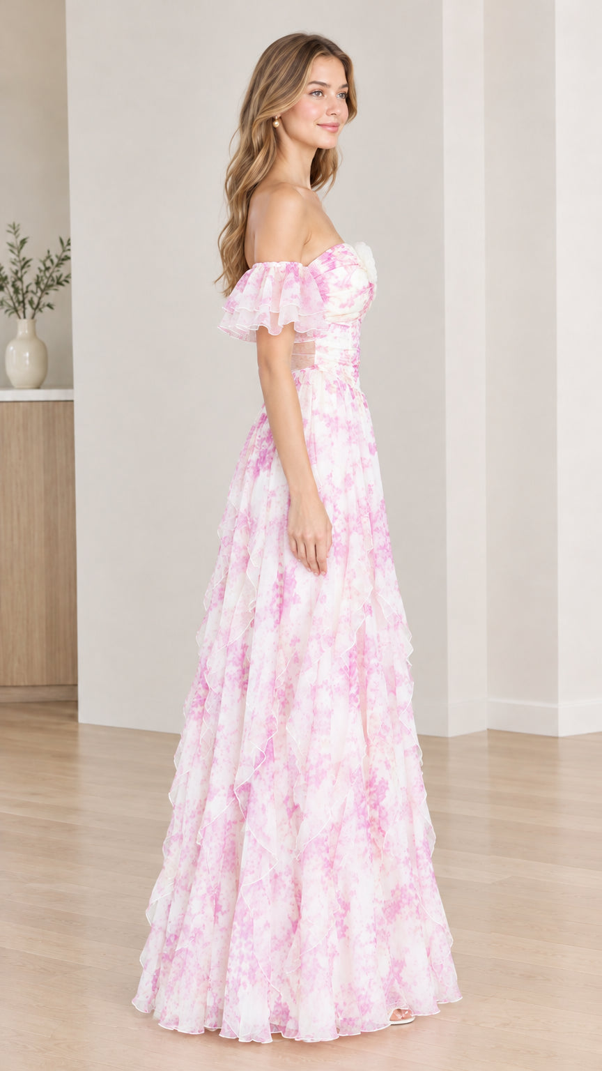 Off-the-Shoulder Floral Tiered Ruffle Maxi Evening Dress