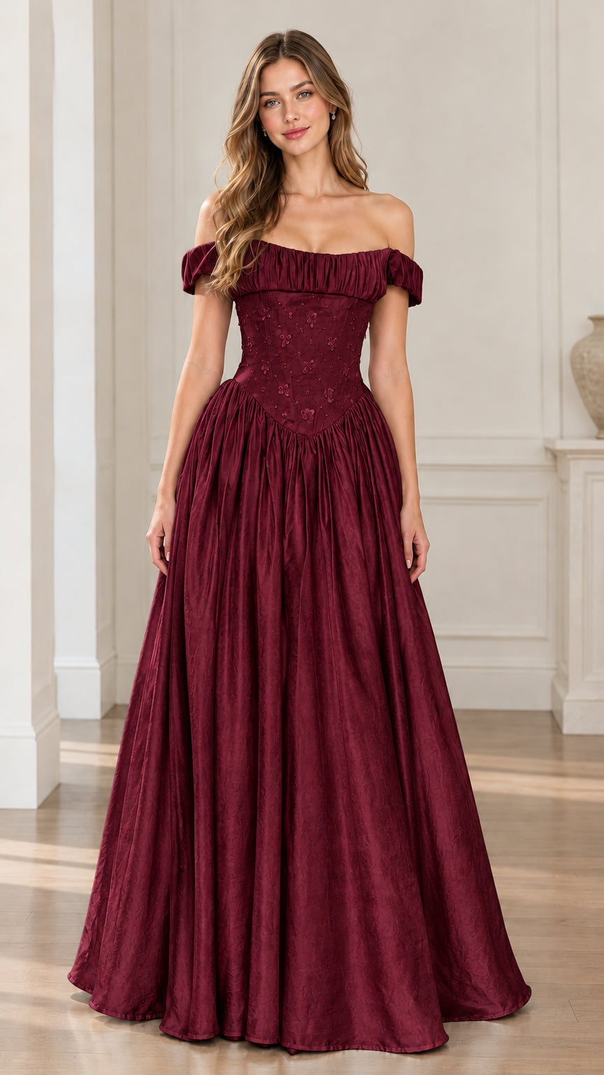 Off-Shoulder Basque Waist Embroidered Ball Gown Evening Maxi Dress