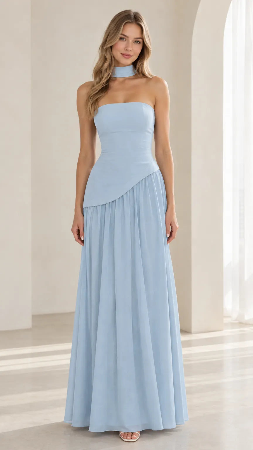 Strapless Asymmetric Drop Waist Maxi Dress with Matching Choker
