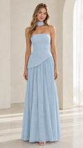 Strapless Asymmetric Drop Waist Maxi Dress with Matching Choker