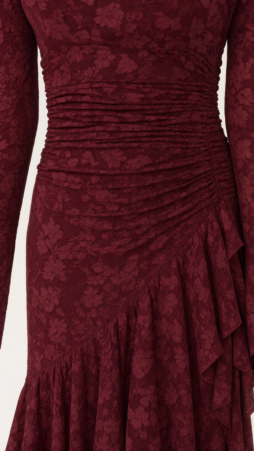 Square Neck Long Sleeve Ruched Floral Lace Maxi Dress with Ruffled Slit