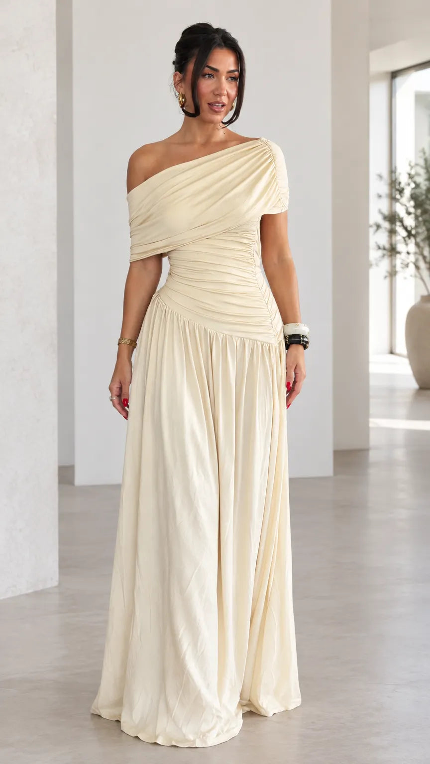 Women's Asymmetrical Draped Ruched Maxi Dress