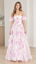 Off-the-Shoulder Floral Tiered Ruffle Maxi Evening Dress