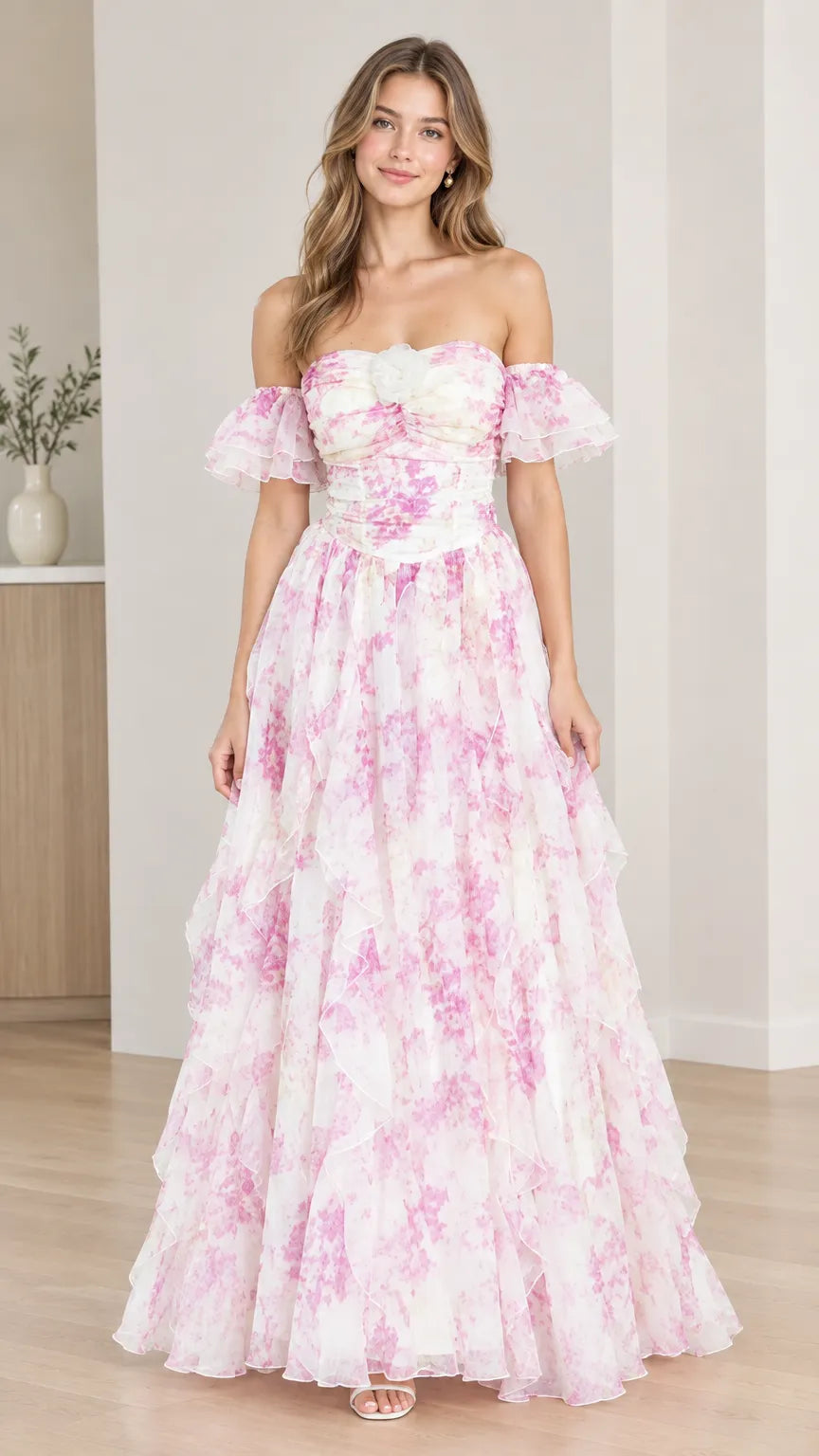 Off-the-Shoulder Floral Tiered Ruffle Maxi Evening Dress