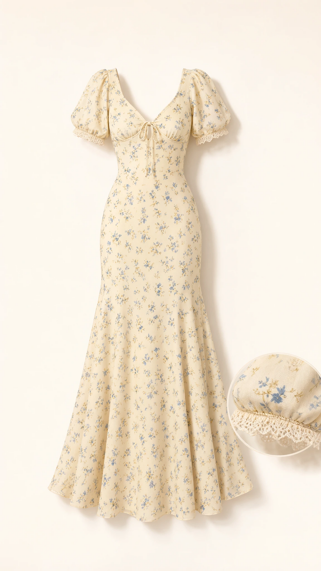 Floral Puff Sleeve Mermaid Maxi Dress with V-Neck and Lace Trim