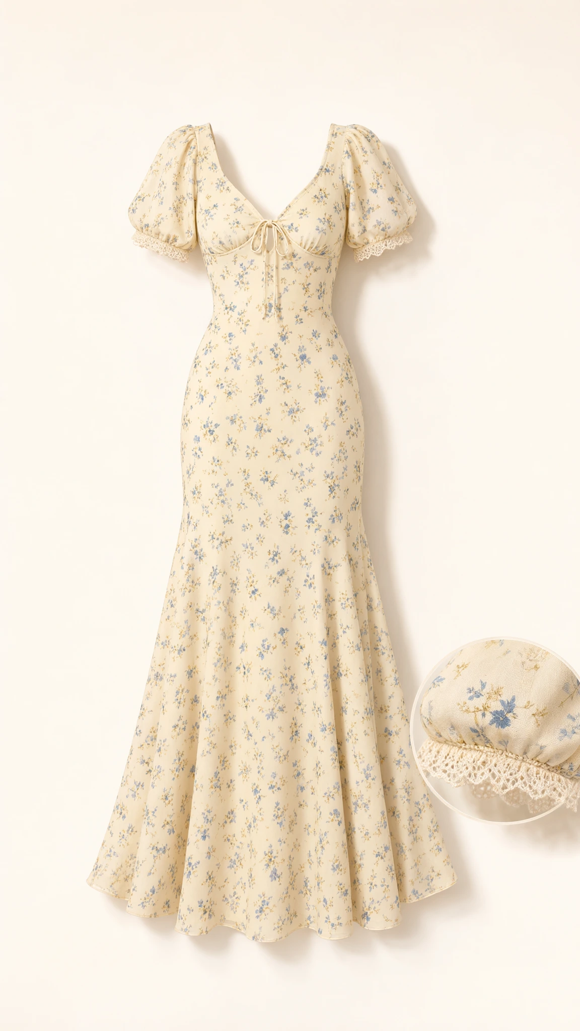 Floral Puff Sleeve Mermaid Maxi Dress with V-Neck and Lace Trim