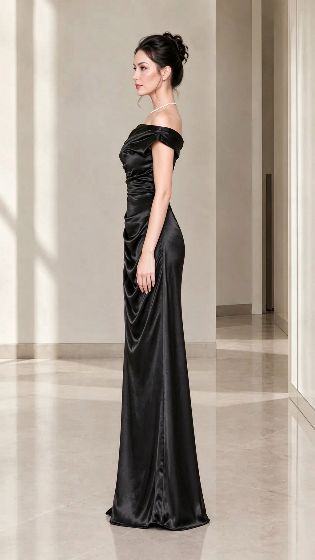 Off-the-Shoulder Ruched Satin Maxi Evening Gown with Slit
