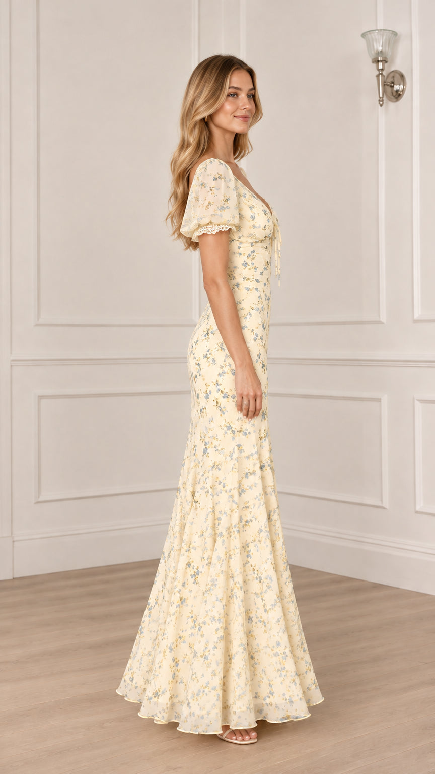 Floral Puff Sleeve Mermaid Maxi Dress with V-Neck and Lace Trim