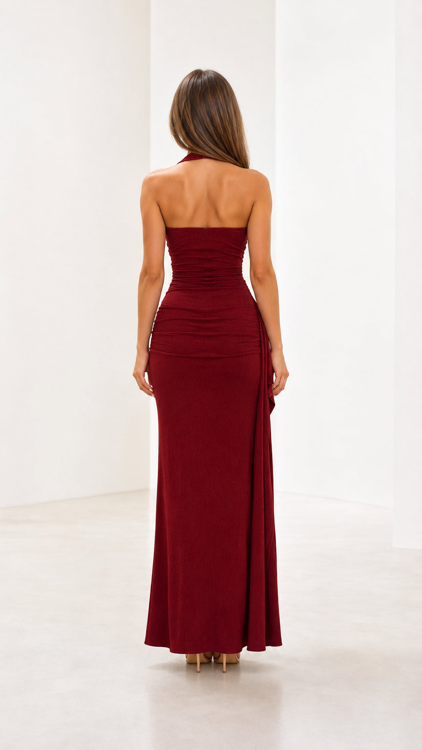 Halter Sweetheart Neck Ruched High Slit Maxi Evening Dress