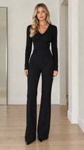 Women's Elegant V-Neck Long Sleeve Flared Leg Jumpsuit
