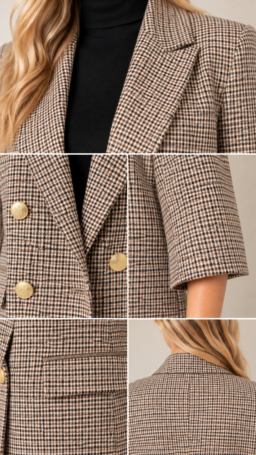 Women's Houndstooth Double-Breasted Longline Blazer with Gold Buttons
